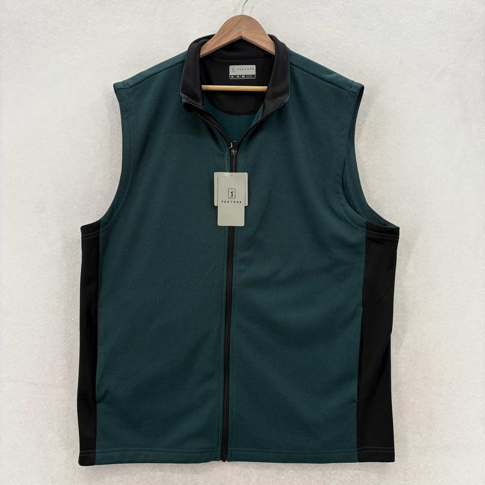 PGA TOUR Jacket Mens XL Green Colorblock Sleeveless Full Zip Stretch Golf NWT